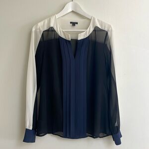 Ann Taylor Navy Colorblock Sheer Button Down Blouse Shirt. Size S.